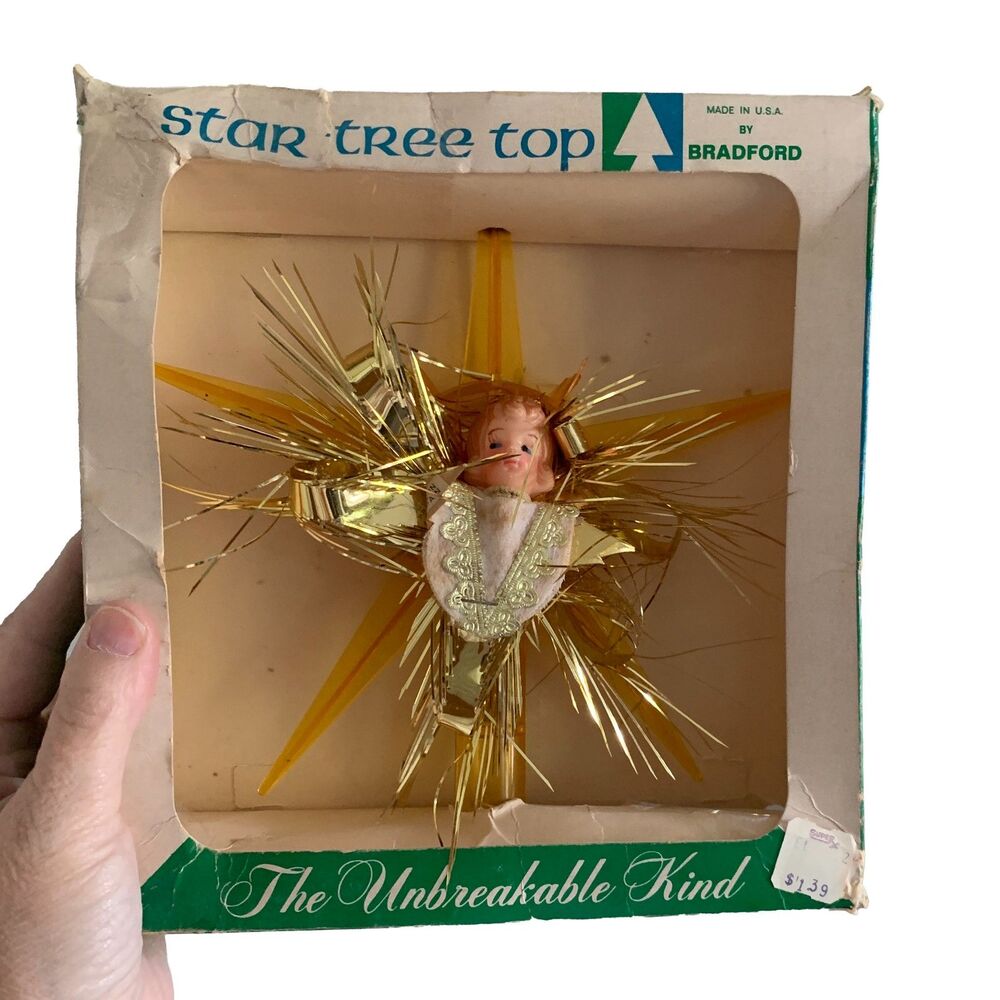 Vintage Bradford Christmas Star Tree Top Angel Gold Tinsel Unbreakable In Box
